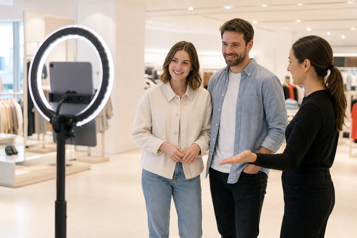 Two guests being photographed at a tablet photo booth during a bright daytime retail-floor activation as a brand ambassador welcomes them in.