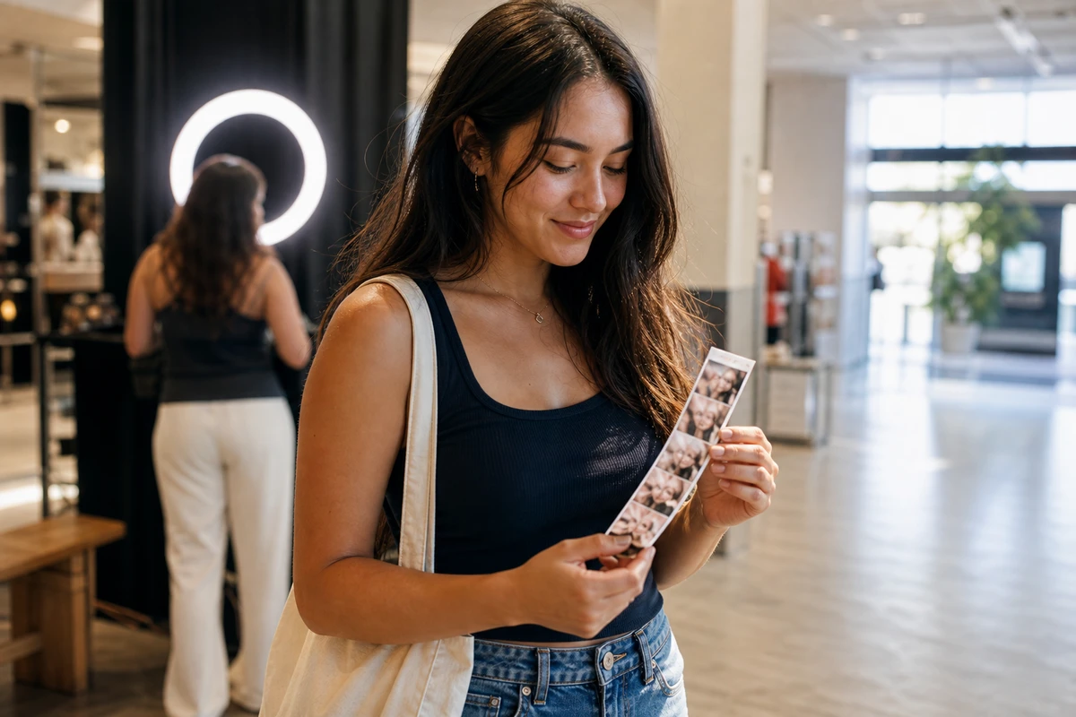 A shopper walks away from a retail photo booth holding her freshly printed photo strip in both hands and smiling down at it.