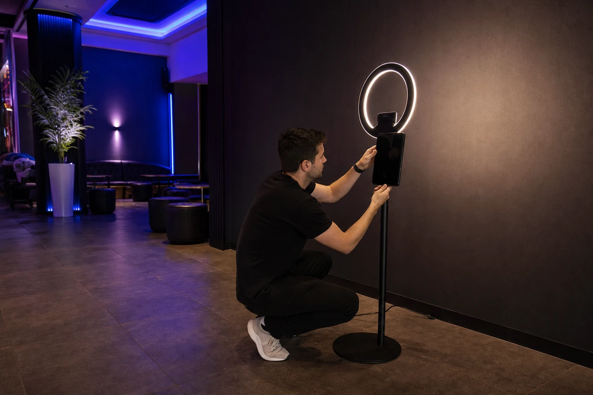 A photo-booth operator crouches to configure an iPad photo booth on a ring-light stand in the empty lounge corner of an entertainment venue before opening.