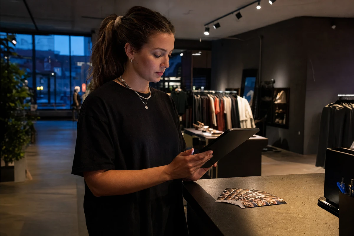 A photo-booth operator reviews the day's results at a quiet counter after an activation, a tablet angled in her hand so the screen is hidden and printed photo strips fanned beside her.