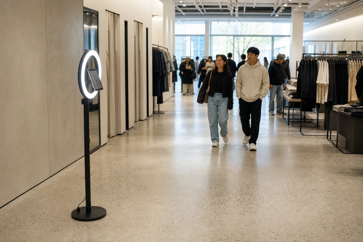 An iPad photo booth on a ring-light stand stands alone in a cleared activation zone of a flagship apparel store, with open floor space around it and shoppers browsing nearby.
