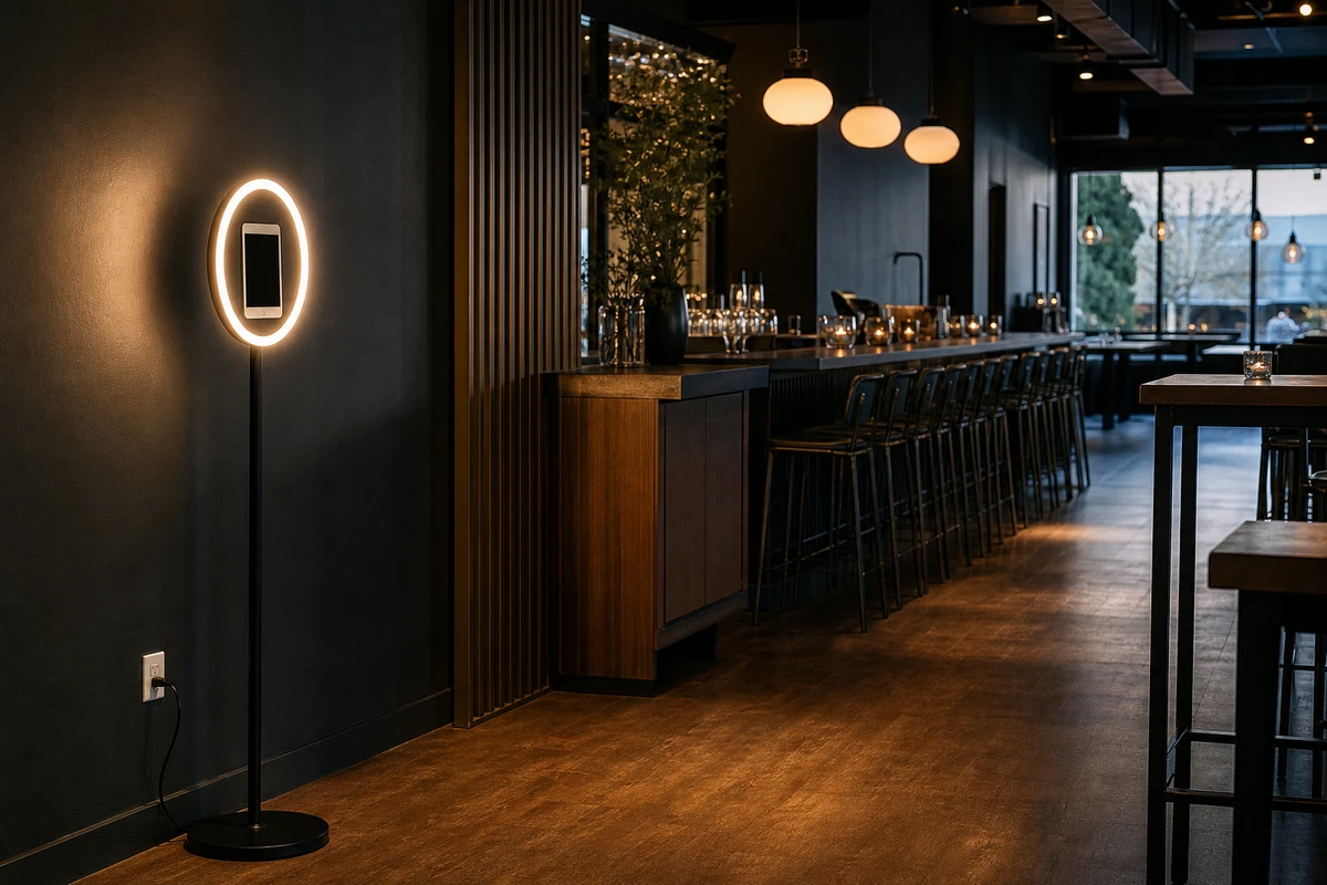 A slim tablet photo booth standing against a quiet wall near a bar's entrance, with open floor space around it, photographed in an early-evening lull.