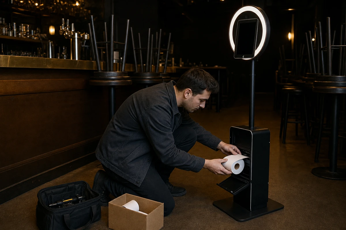 A photo-booth operator crouched beside a tablet photo booth in an empty bar, loading a fresh roll of print paper into the printer compartment.