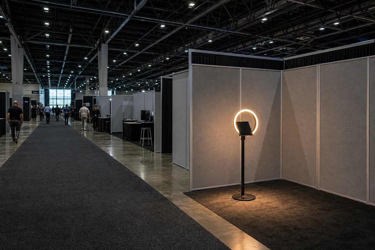 A single photo-booth station with open floor space at the front corner of an exhibitor stand in a large convention hall.