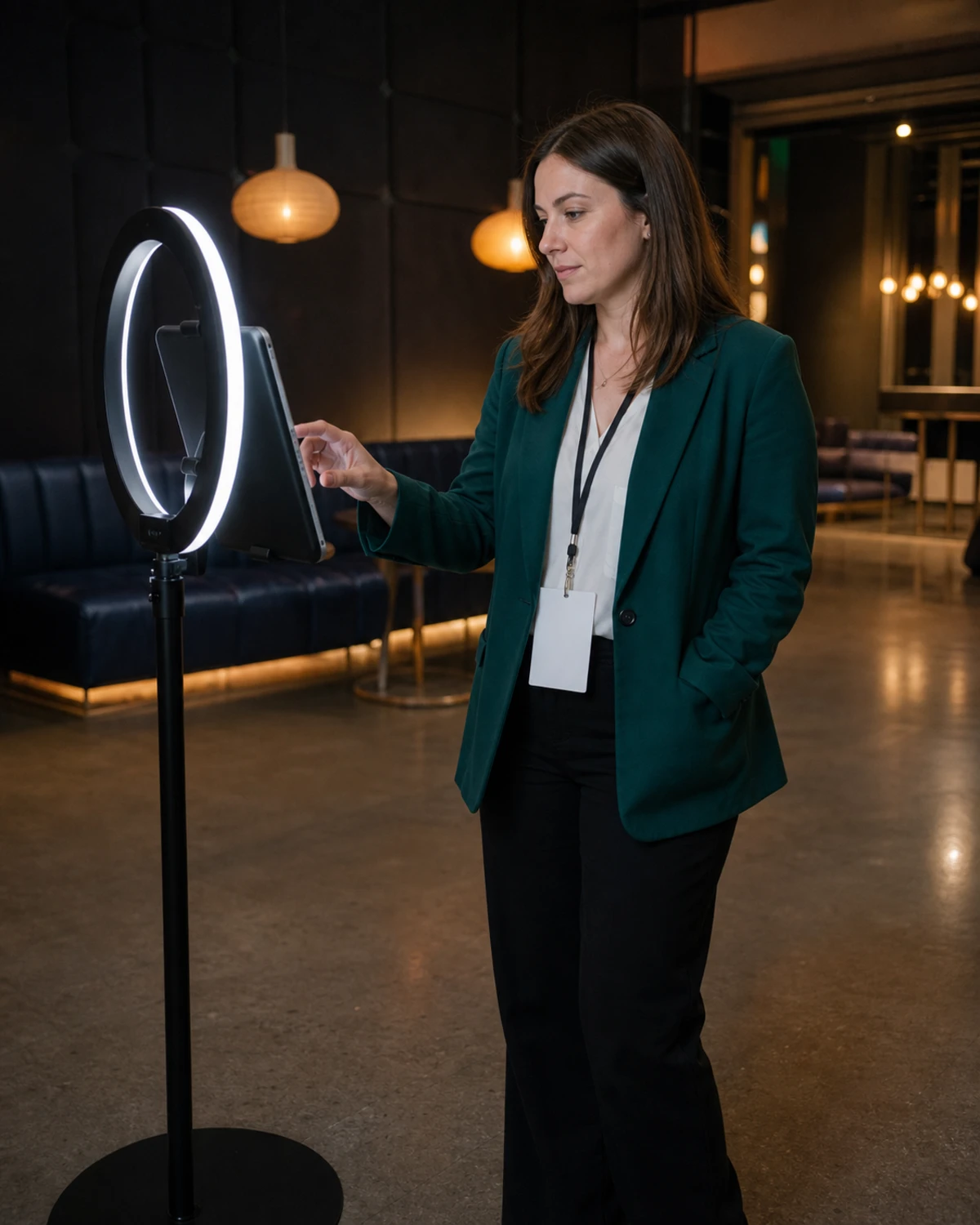A conference attendee tapping the tablet at a photo-booth station in a quiet event lounge corner.