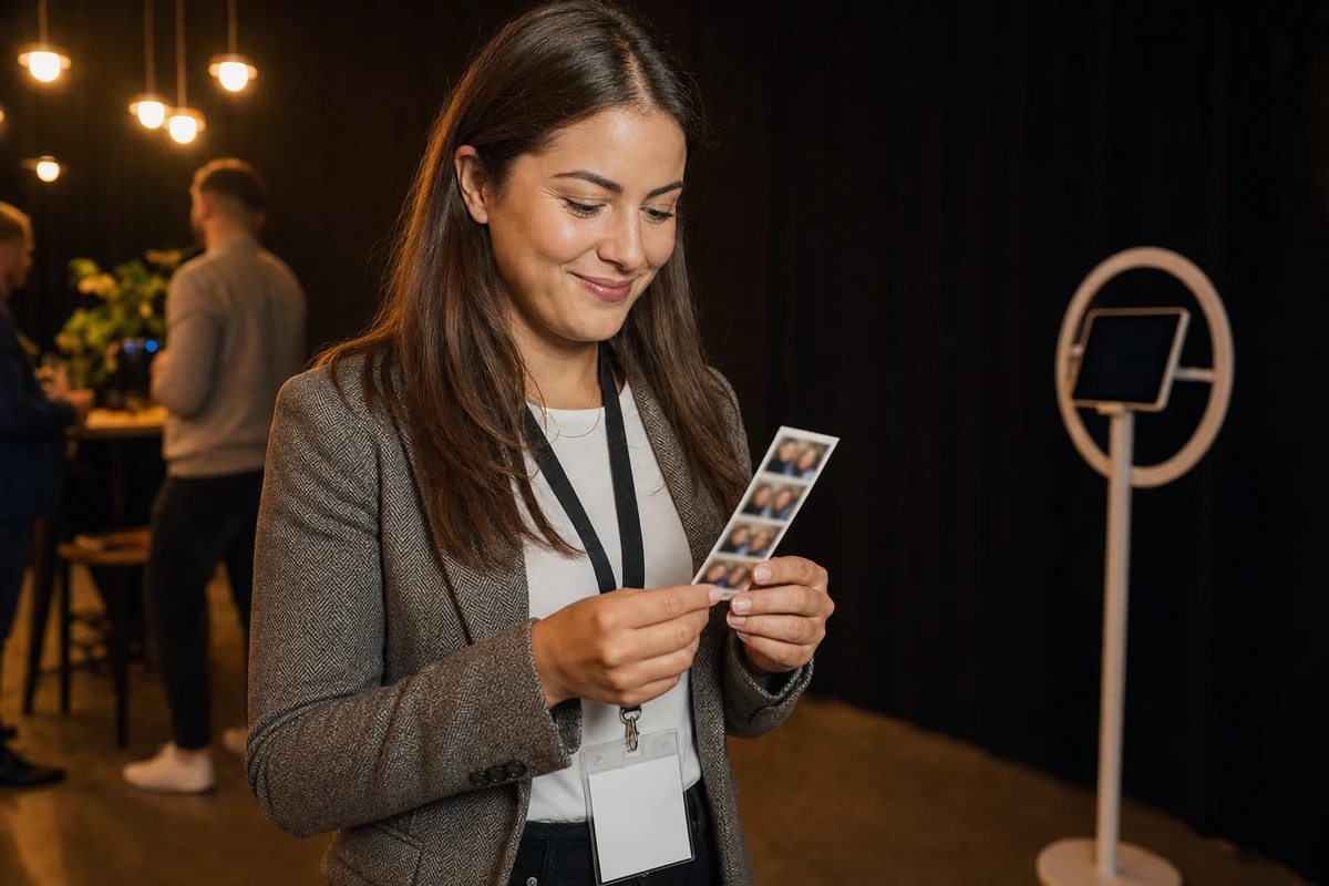 A conference attendee smiling at a freshly printed photo strip just after a photo-booth session.
