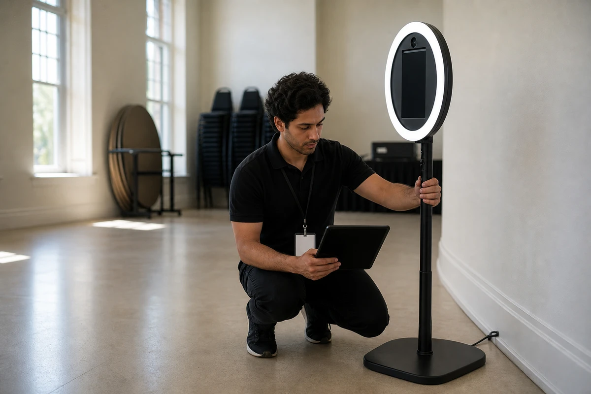 A photo-booth operator adjusting the ring-light stand and checking the tablet in an empty event space before doors open.