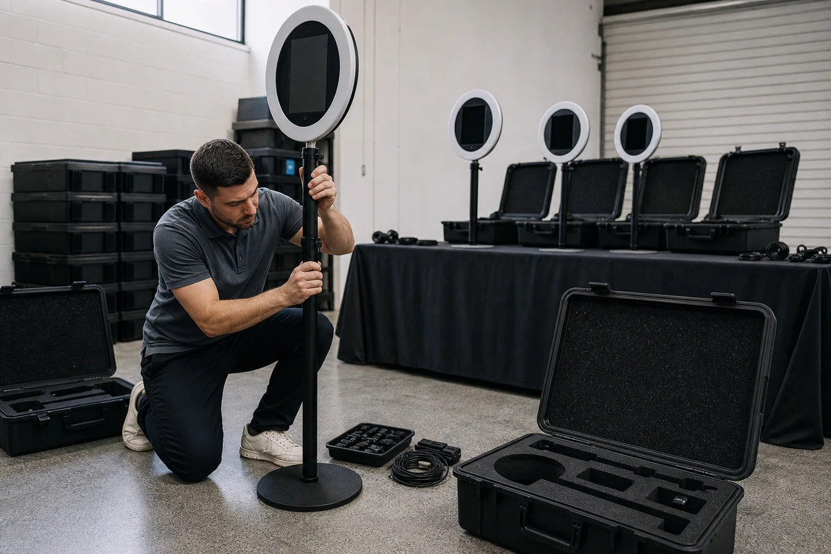 A photo-booth operator assembling a ring-light stand for an iPad photo-booth unit in a back-of-house staging room, with open travel cases and a row of more units being prepared for a multi-location fleet.