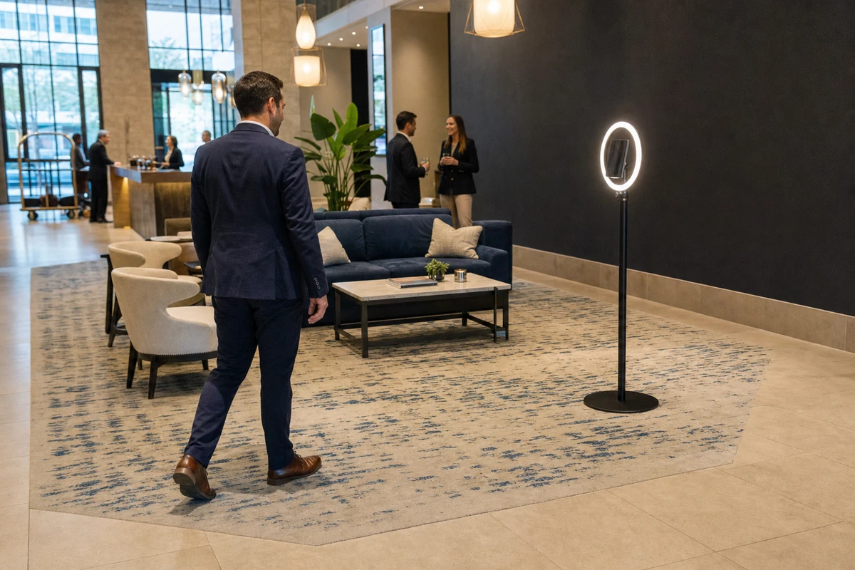 A single iPad photo booth positioned within a clearly defined open activation footprint in a hotel lobby lounge corner, with generous clear floor space around it.