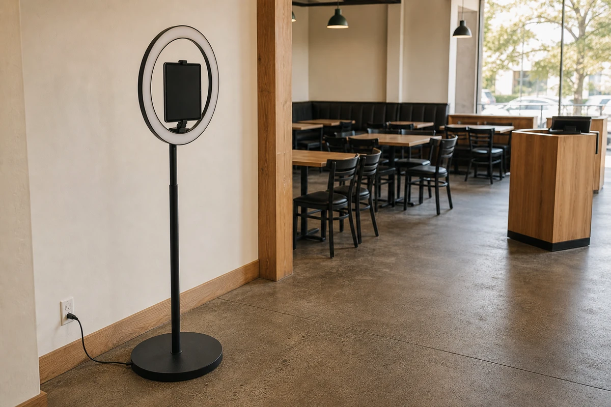 A commercial iPad photo booth stands on a ring-light stand in a cleared corner of an empty restaurant before service, its power cord run neatly along the baseboard.