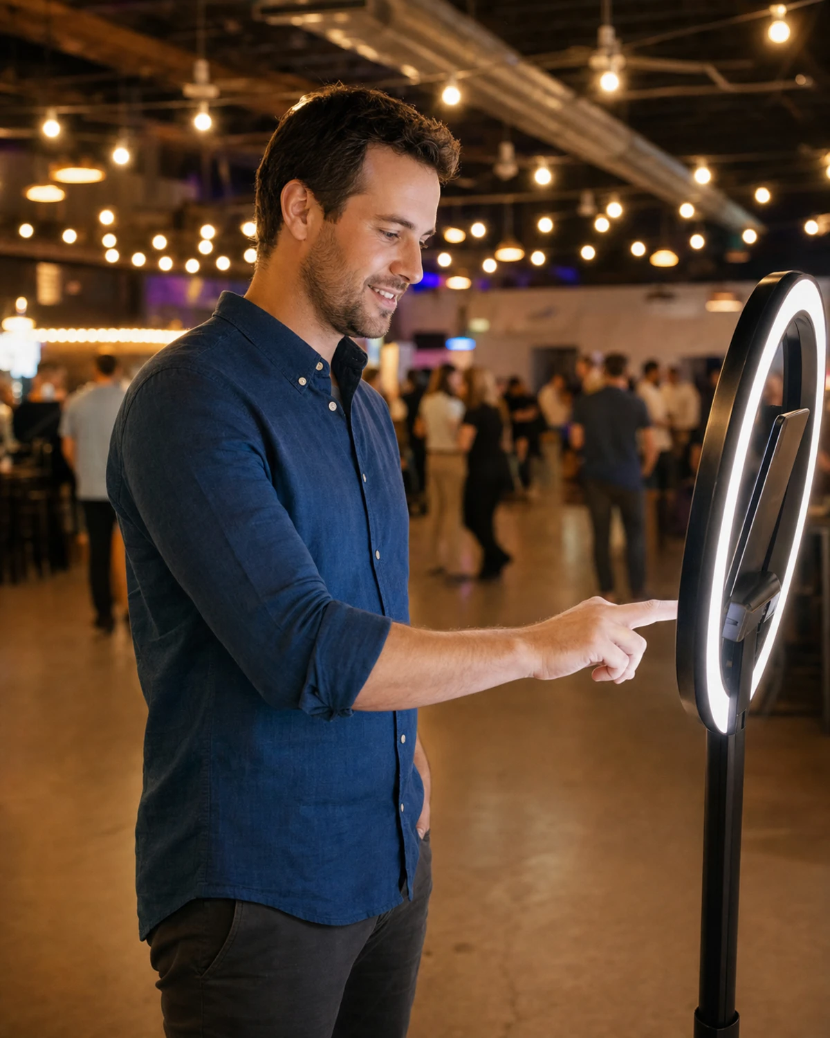 A guest reaches out to tap the screen of a commercial photo booth on a ring-light stand at a bright entertainment venue.