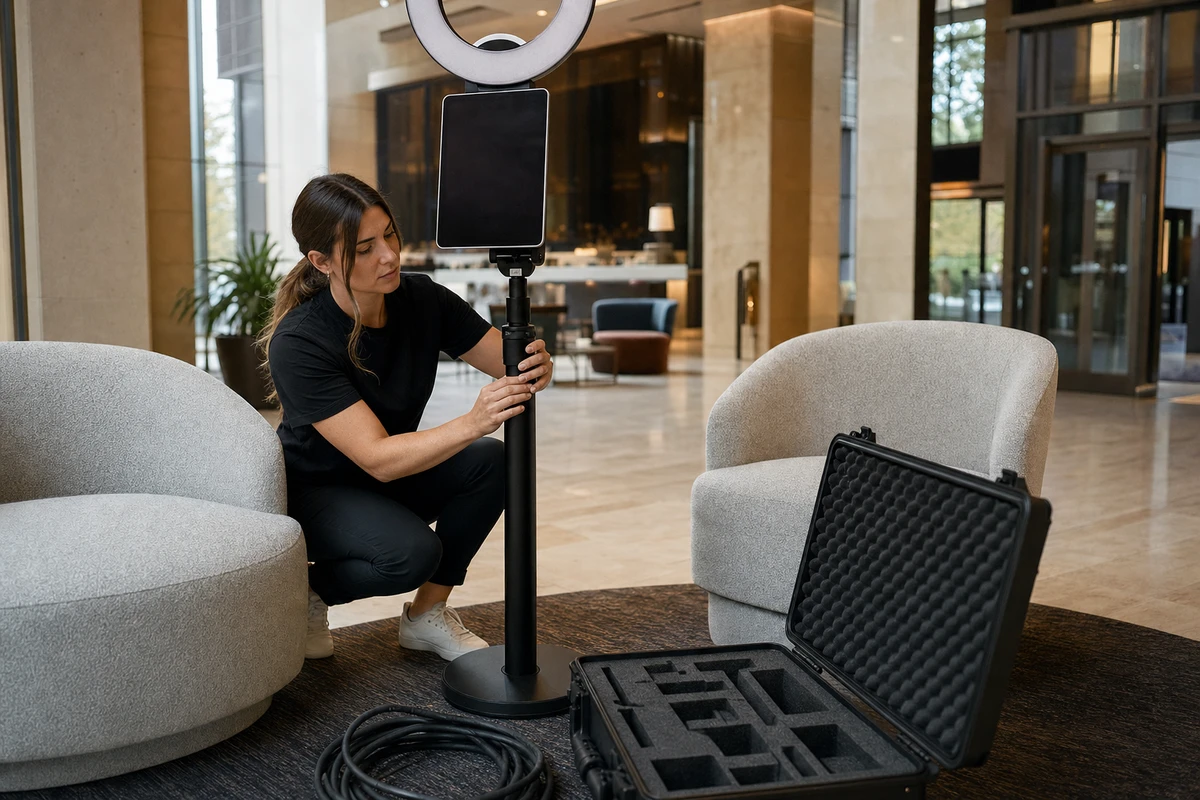 A photo-booth operator crouches to adjust the stand height of a ring-light photo booth while setting it up in a hotel lobby lounge before an event.