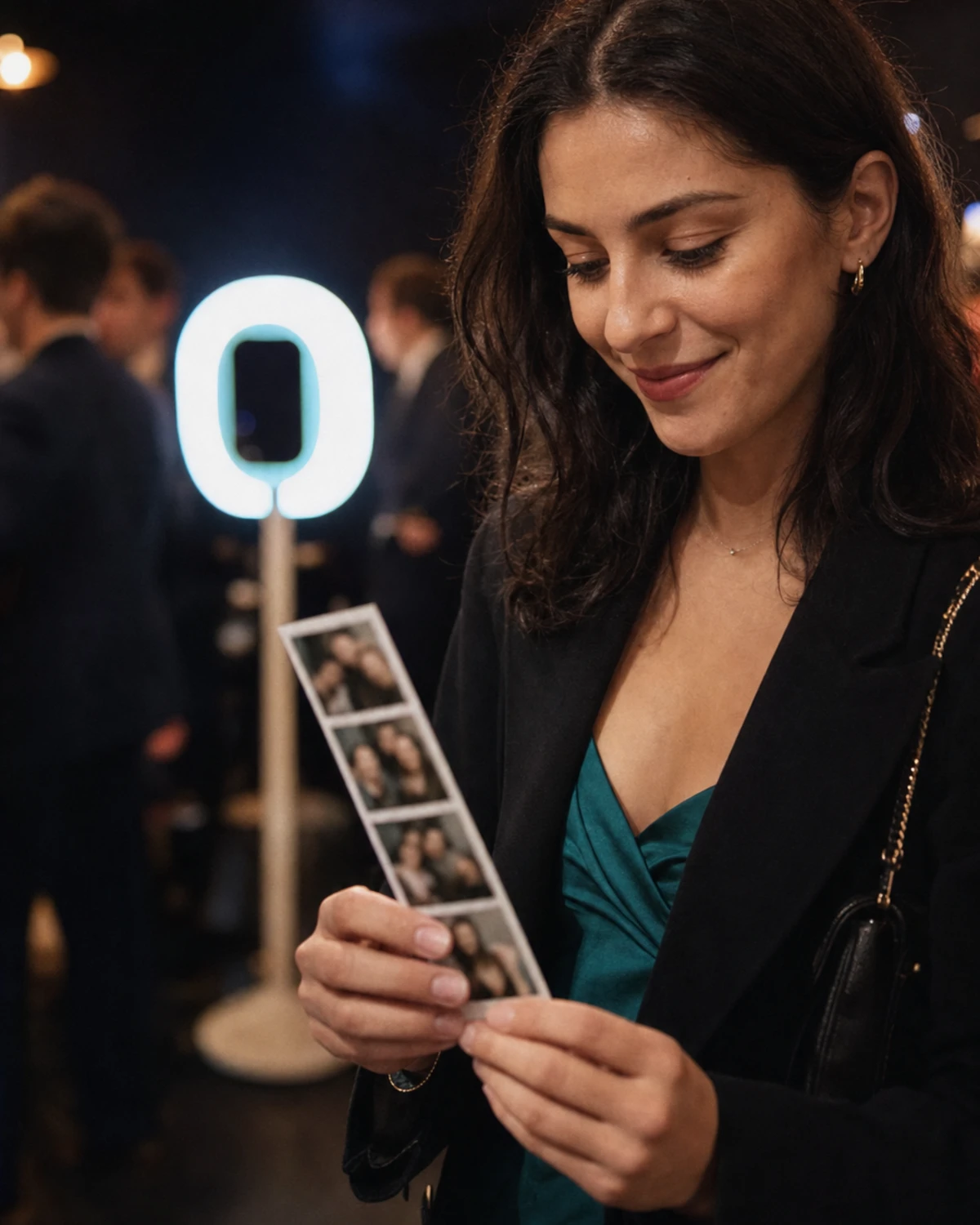 An event guest holding a freshly printed glossy photo strip, looking at it with a pleased expression.
