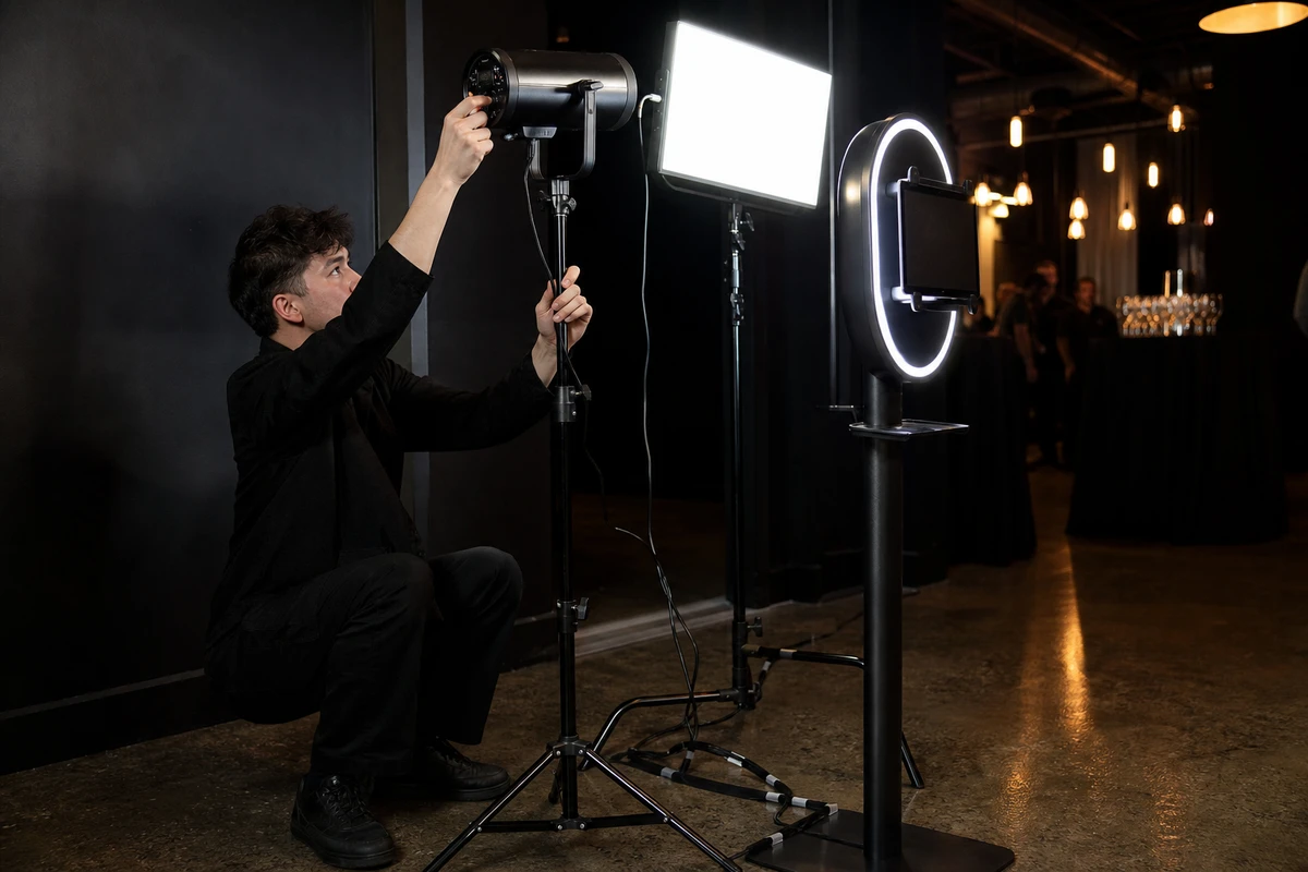 A photo-booth operator adjusting a strobe monolight beside a glowing continuous LED panel in a hybrid lighting rig.