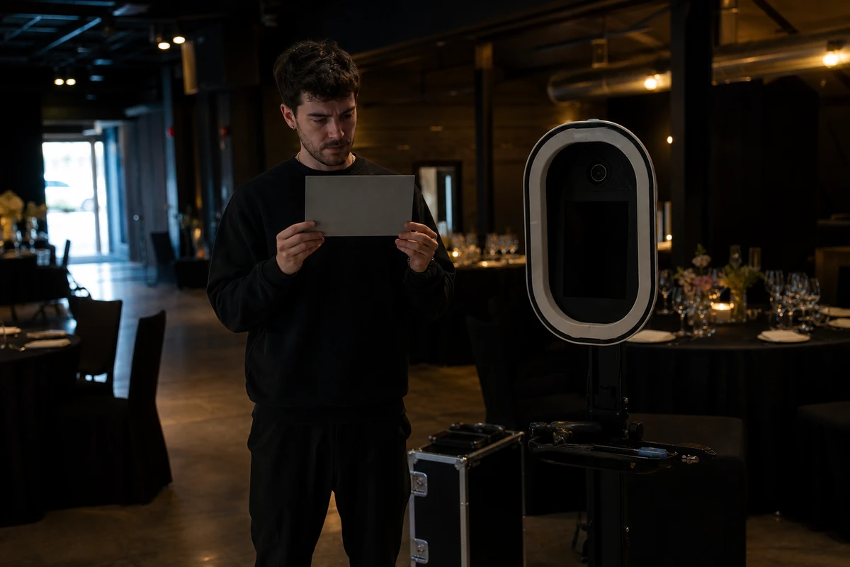 A photo-booth operator standing in the guest position holding a neutral gray card to read a venue's lighting before setup.