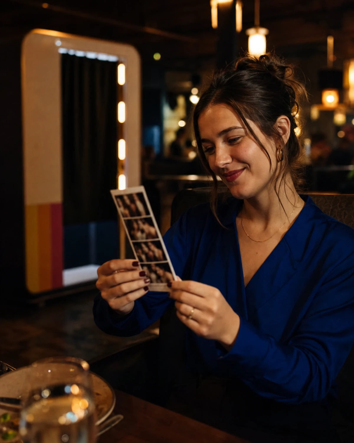 A returning restaurant guest sits at a table in warm evening light, smiling at a printed photo strip kept from an earlier visit.