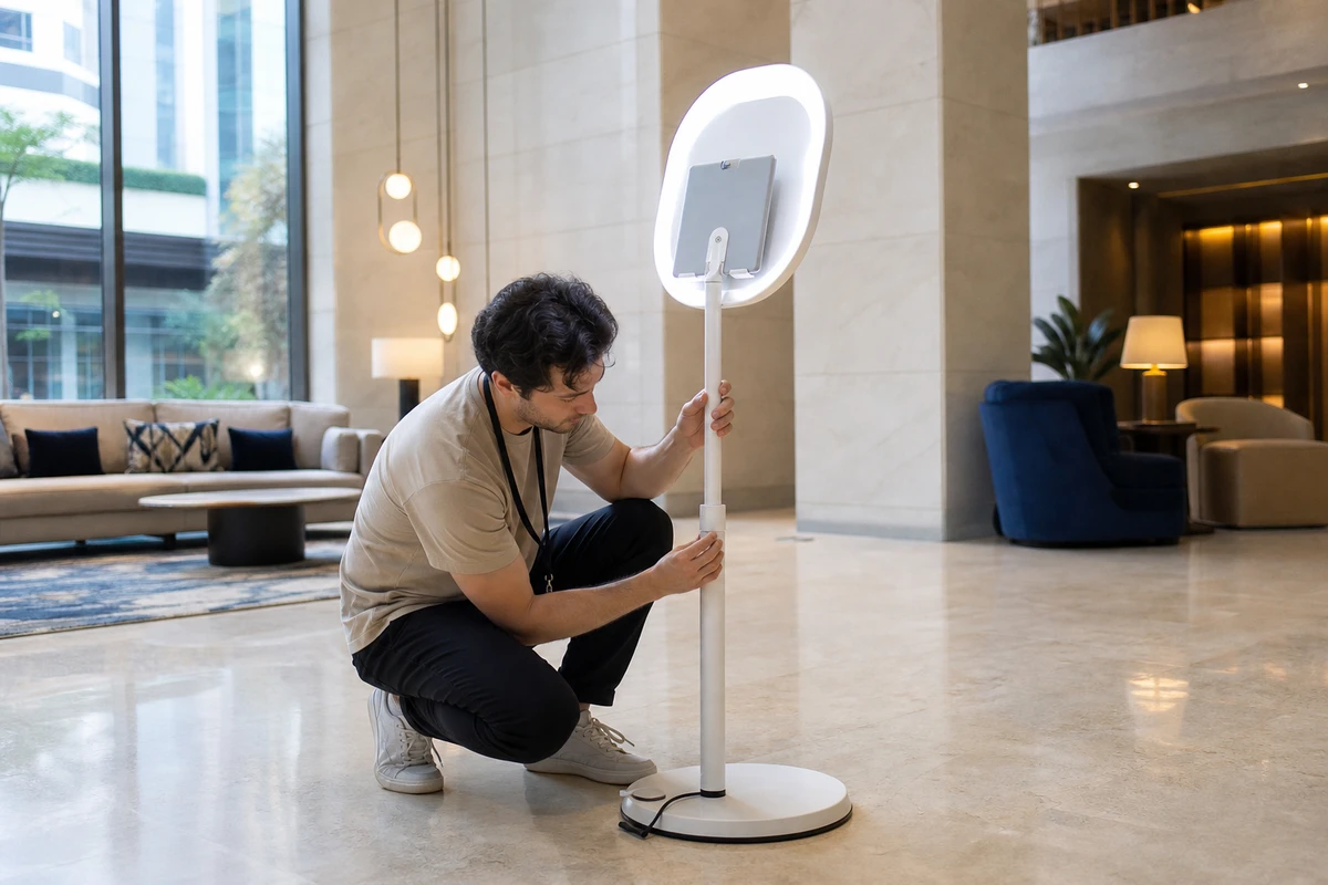 A photo-booth operator crouches to adjust the ring-light stand of a photo booth in a hotel lobby while resetting it between sessions.