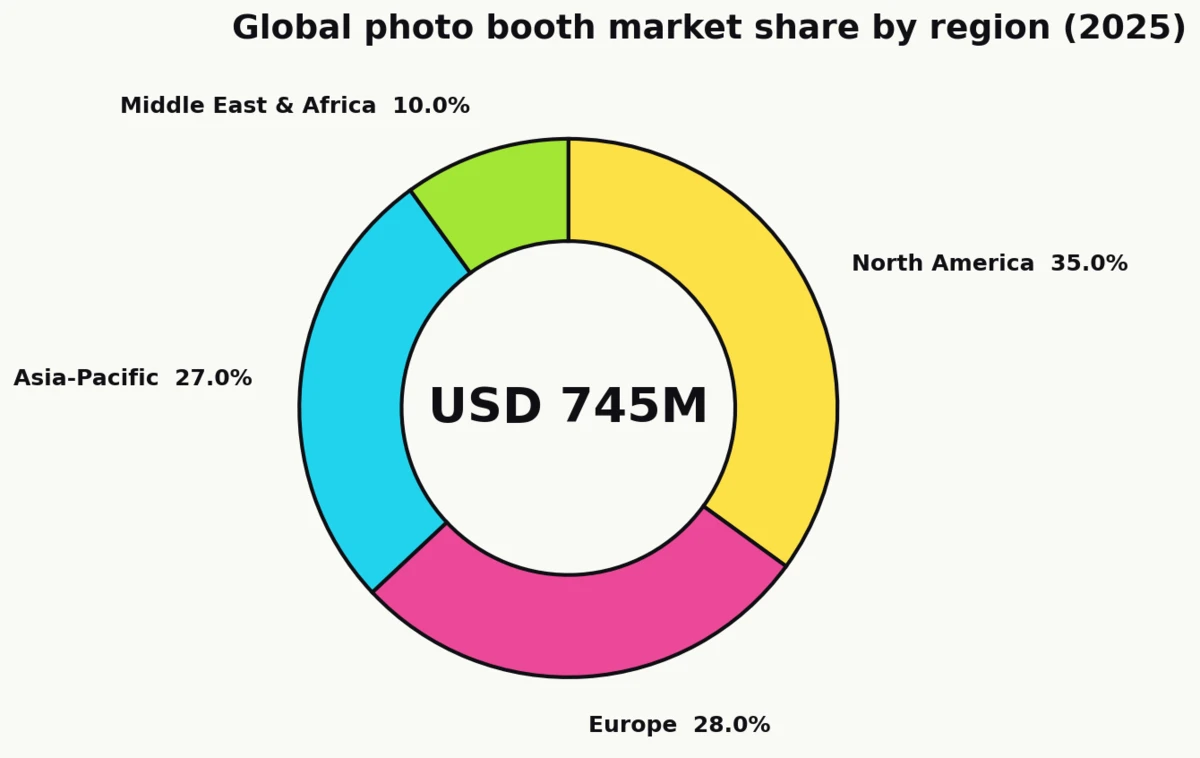 Donut chart showing global photo booth market share in 2025 by region: North America 35%, Europe 28%, Asia-Pacific 27%, Middle East and Africa 10% per Global Growth Insights