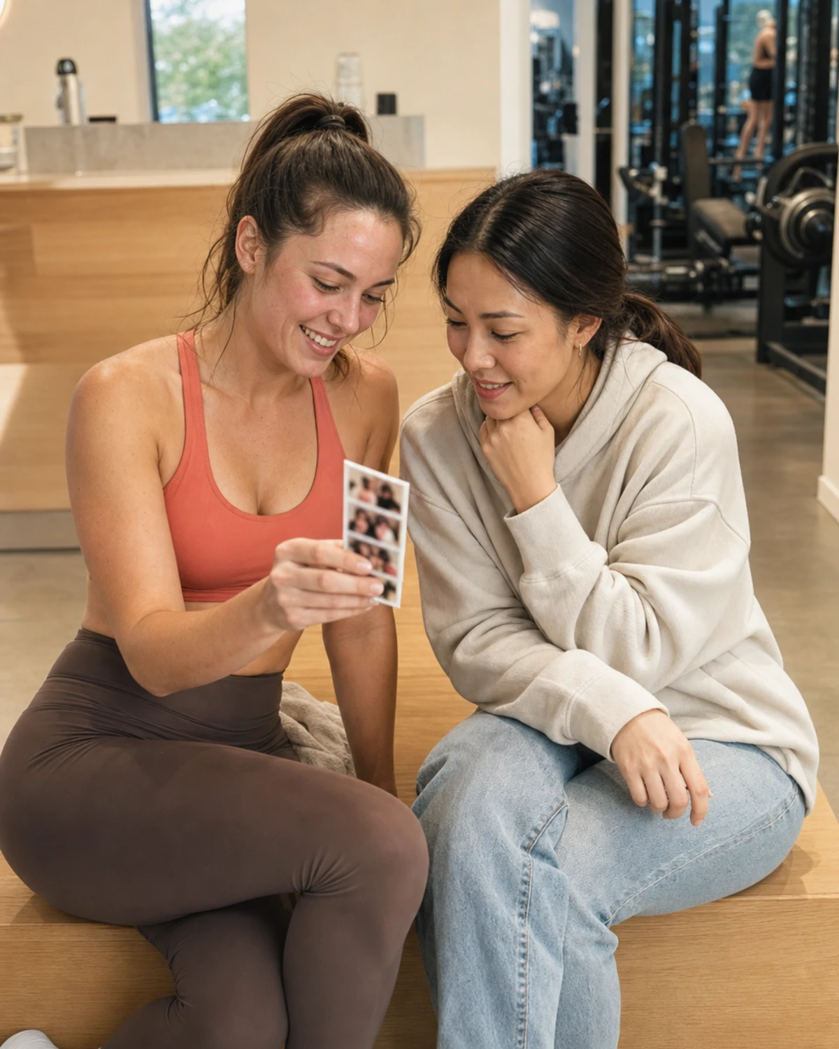 A gym member in workout clothes shows a friend in street clothes a printed photo strip on a bench in the gym lobby.
