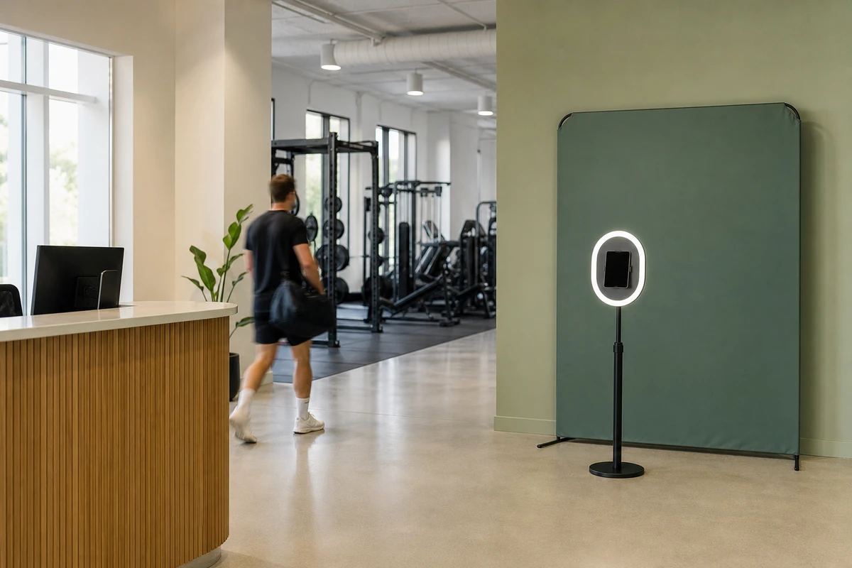 A self-serve photo booth stands in a clear corner of a gym lobby near the reception desk as a member walks past.