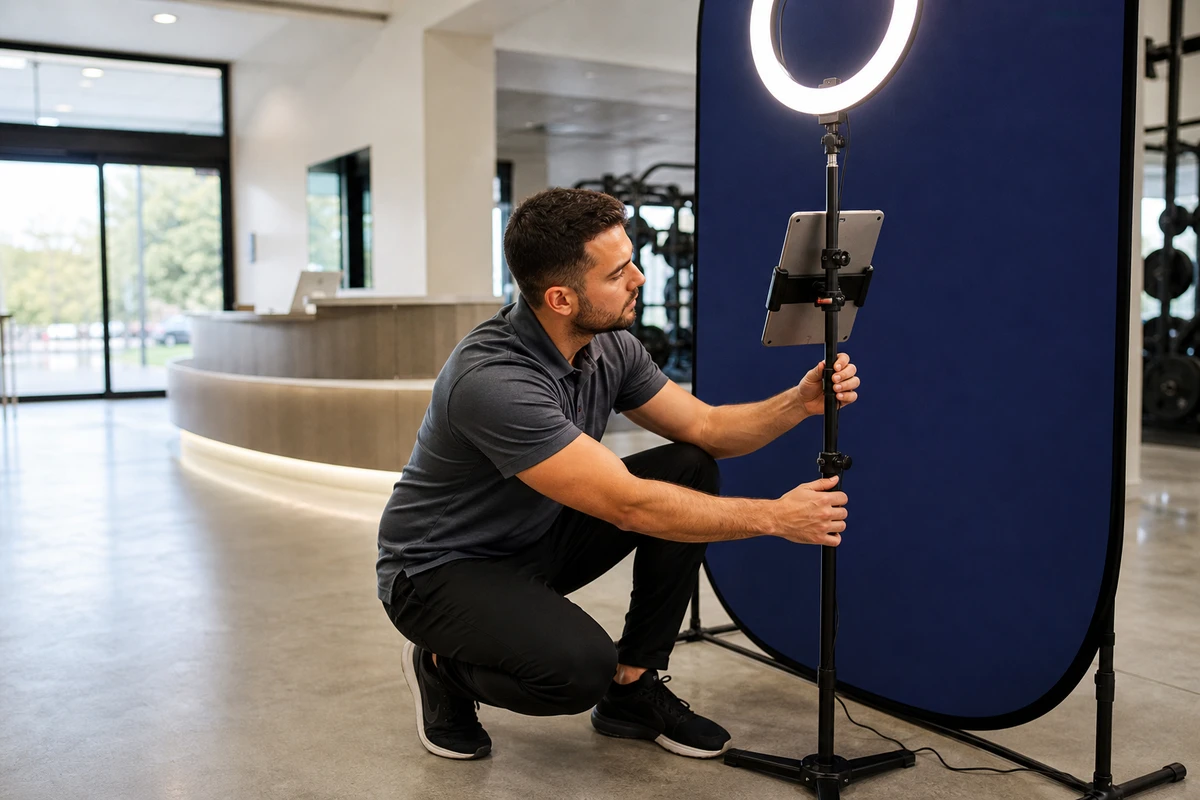A gym staff member crouches beside a photo booth, adjusting its ring-light stand before the gym opens.