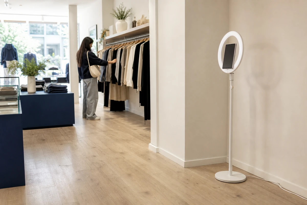 A compact iPad photo booth on a ring-light stand placed against a clear wall on a bright boutique retail floor, taking only a small footprint