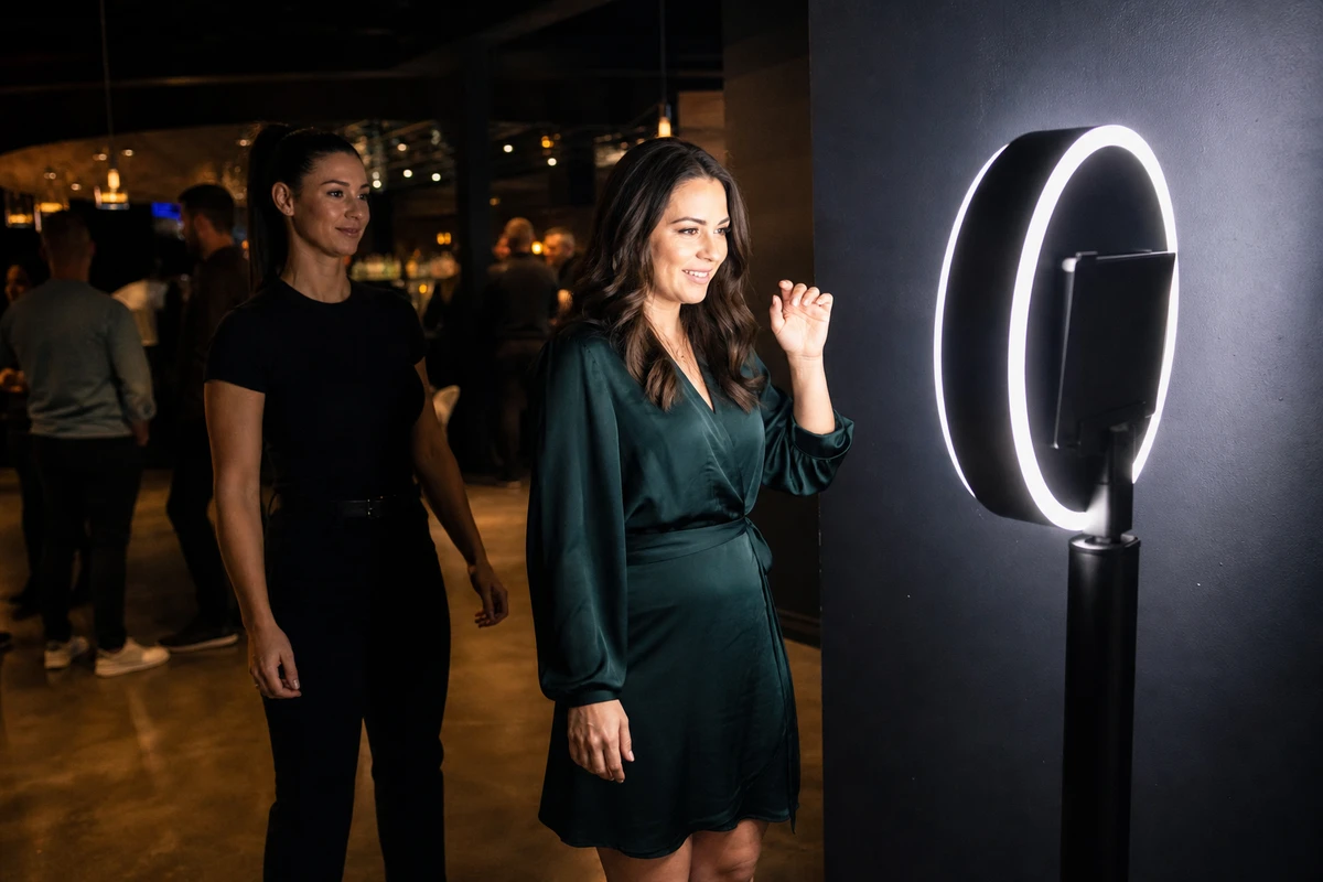 A single guest posing at a photo booth's ring light while a brand ambassador stands by, the moment a visit becomes a captured photo and opt-in