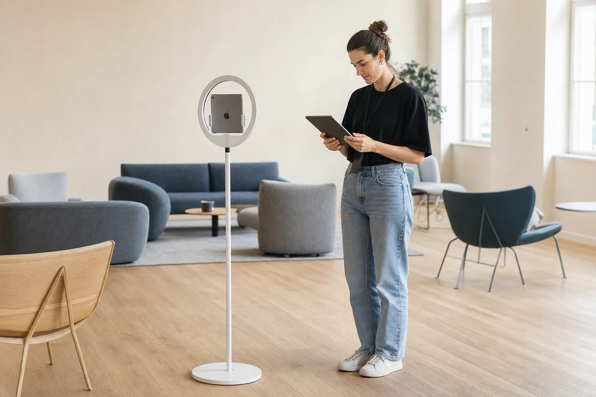 A photo-booth operator reviewing a tablet beside the booth in a quiet coworking lounge after an activation, checking what the session produced