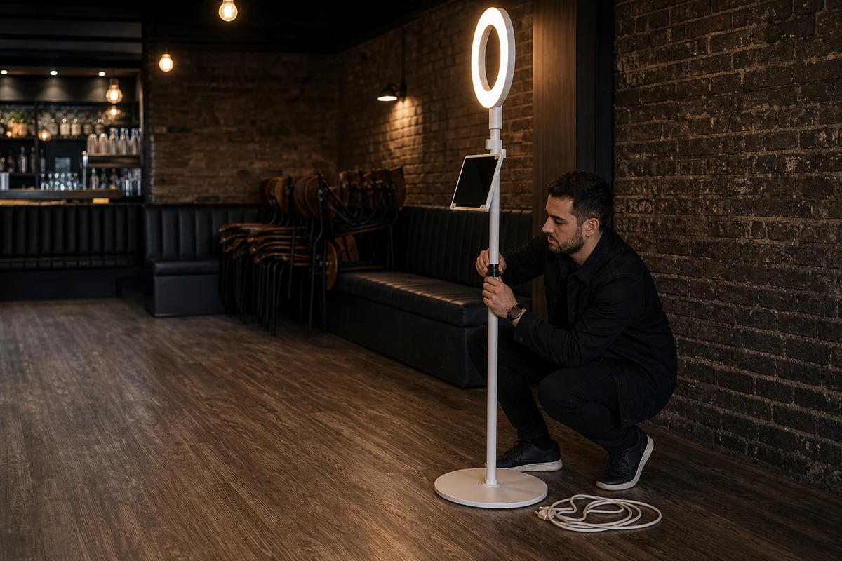A photo-booth operator crouching to adjust the ring-light stand while setting up the booth in an empty brewpub event corner before opening