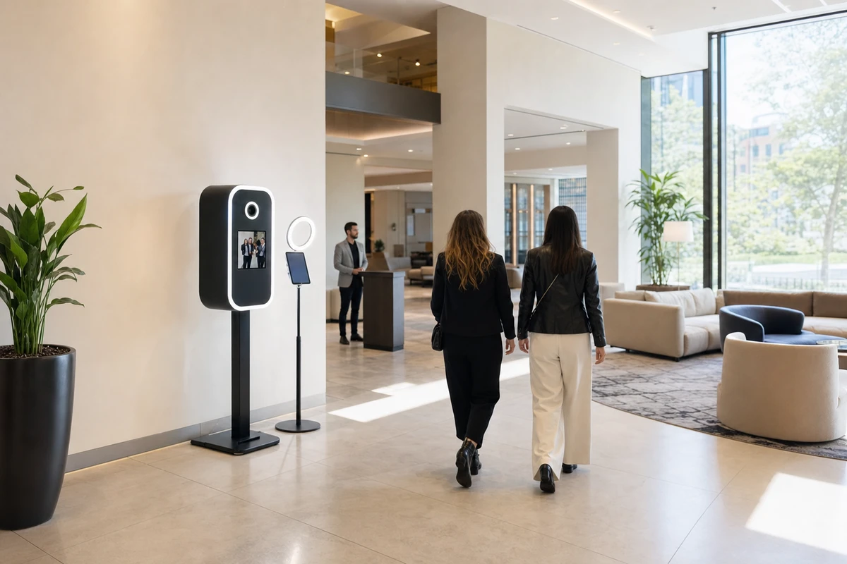 Wide view of a photo booth set up as a brand activation footprint in a bright modern hotel lobby