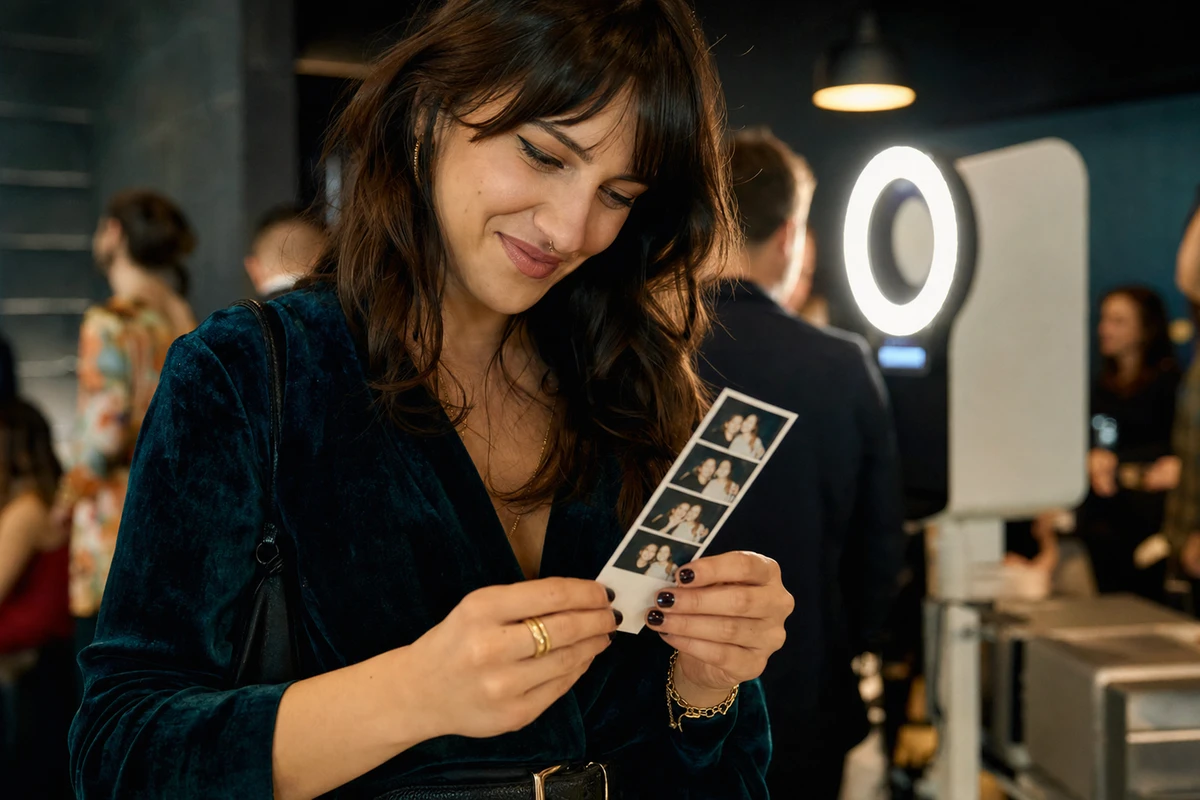 A guest at a brand activation holds a freshly printed photo strip, looking down at it with a small smile