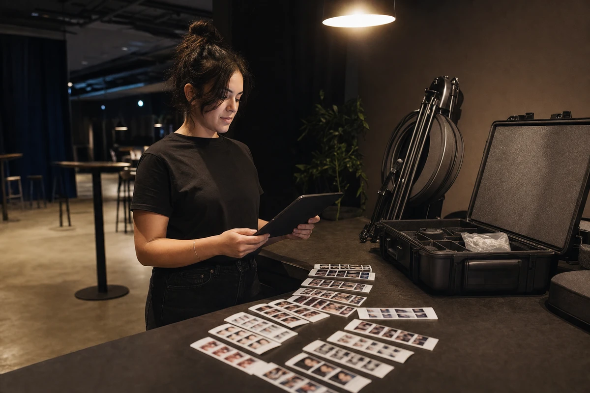 A photo booth operator reviews printed photo strips spread across a counter after a brand activation
