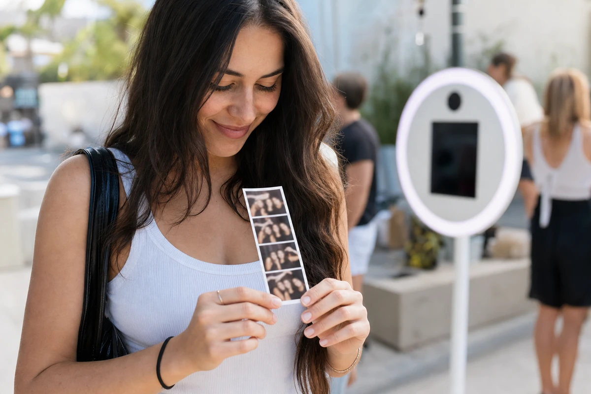 A guest's hands hold a fan of freshly printed photo strips collected from an outdoor iPad photo booth, the booth blurred behind.
