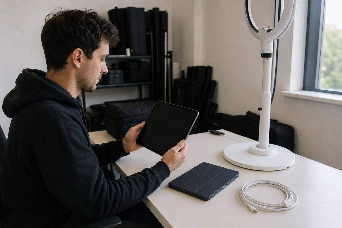 A photo-booth operator inspects the booth iPad at an indoor worktable while prepping the stand and a spare device the day before an event.