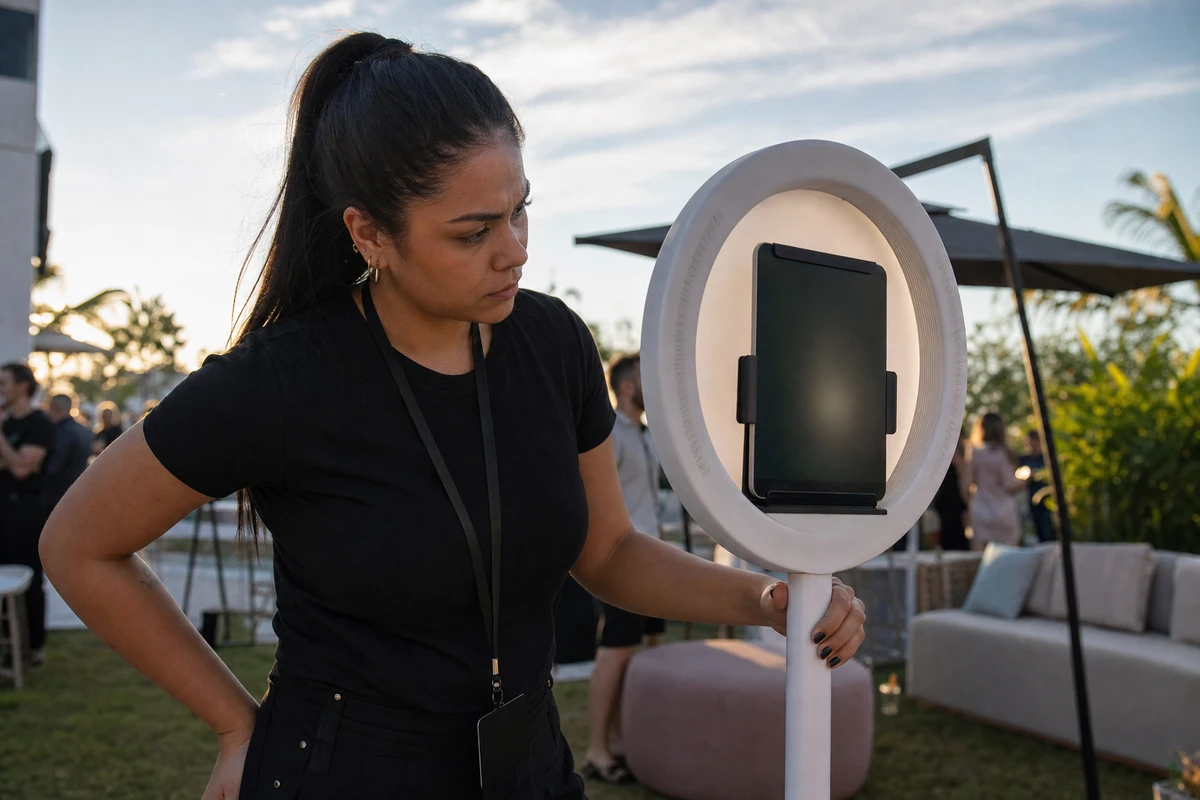 A photo-booth operator stands beside the booth watching the iPad screen dim on its own, catching an early overheating warning.