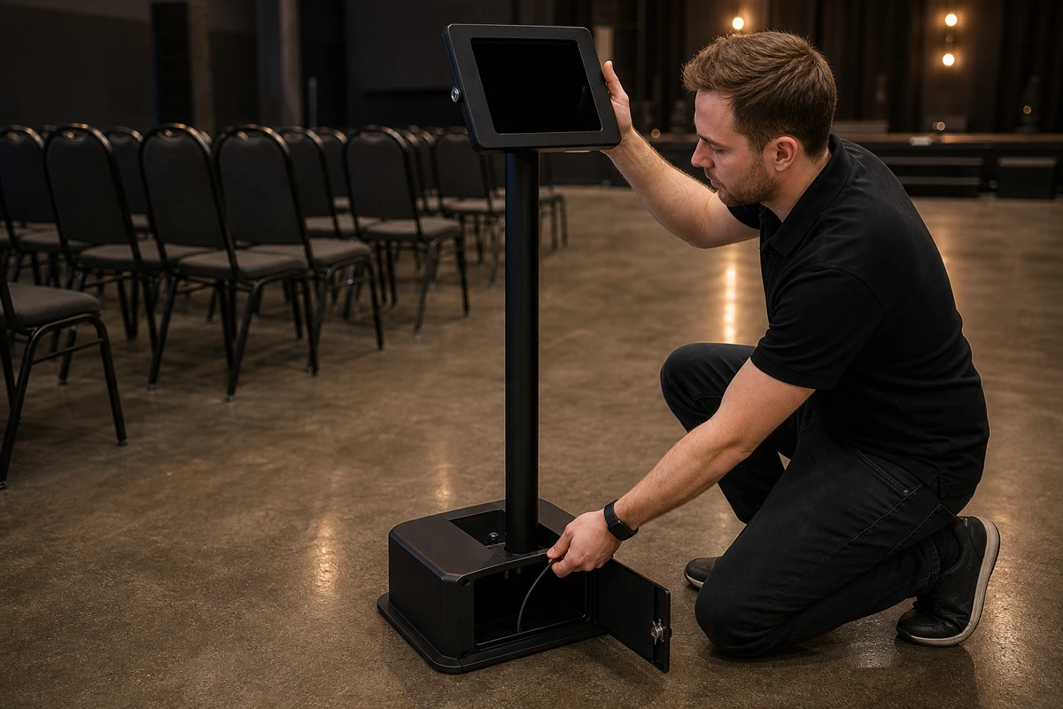 A venue operations manager crouches beside an iPad floor kiosk, routing the charging cable into the lockable base while steadying the keyed enclosure.