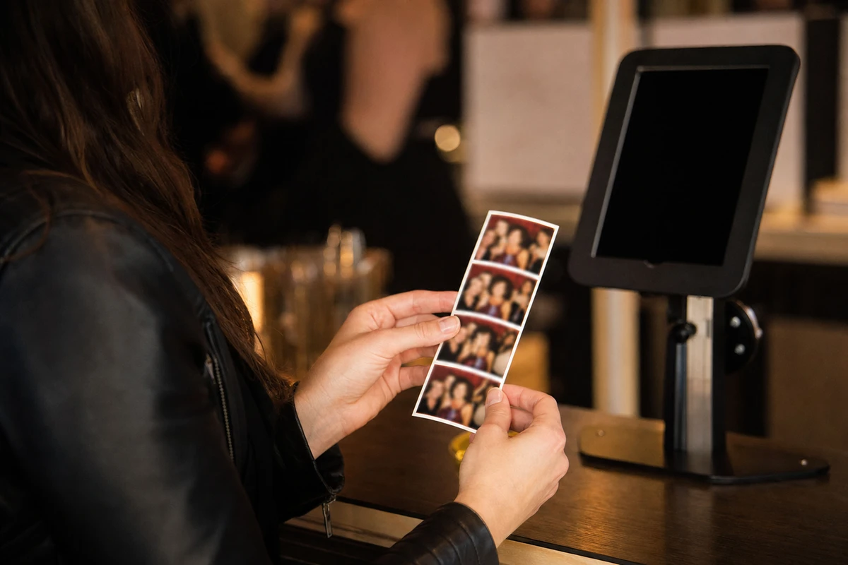 A guest holds a freshly printed strip of photo-booth photos at a counter while the secured iPad kiosk stands on its mount in the background.