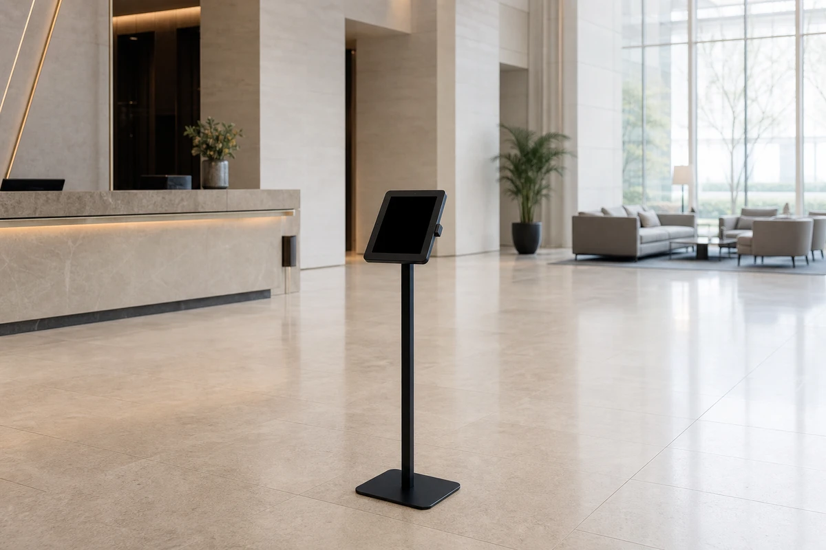 A lone iPad kiosk on a floor stand sits in the middle of a large, empty hotel lobby with no staff or guests nearby.