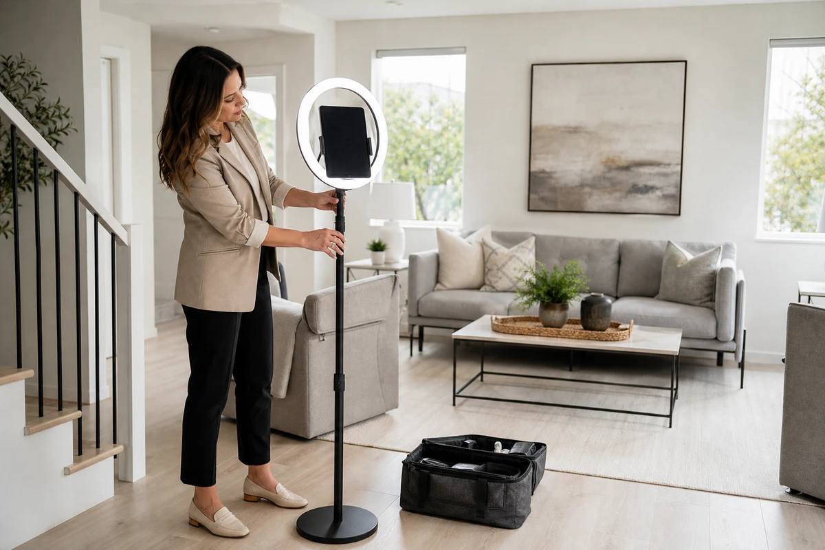 A real estate agent alone in an empty staged living room before an open house, adjusting an open-air tablet photo booth on its slim stand.