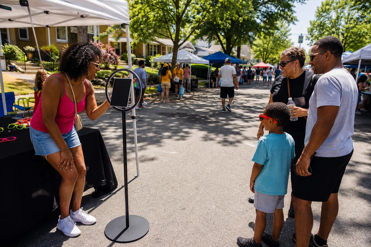 An open-air tablet photo booth set up at an outdoor community street fair, with neighborhood residents nearby and plain canopy tents and street trees in the background.