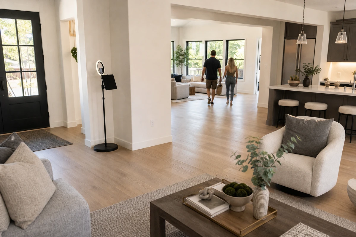 An open-air tablet photo booth tucked into a corner of a staged open-plan living area, with clear floor space around it so it does not crowd the staged furniture or walking path.
