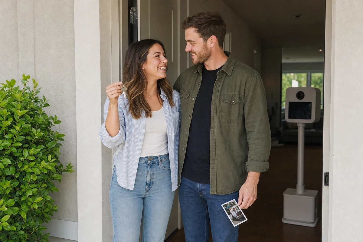 Two new homeowners standing in the doorway of their just-sold home on closing day, one holding house keys and the other a freshly printed keepsake photo.