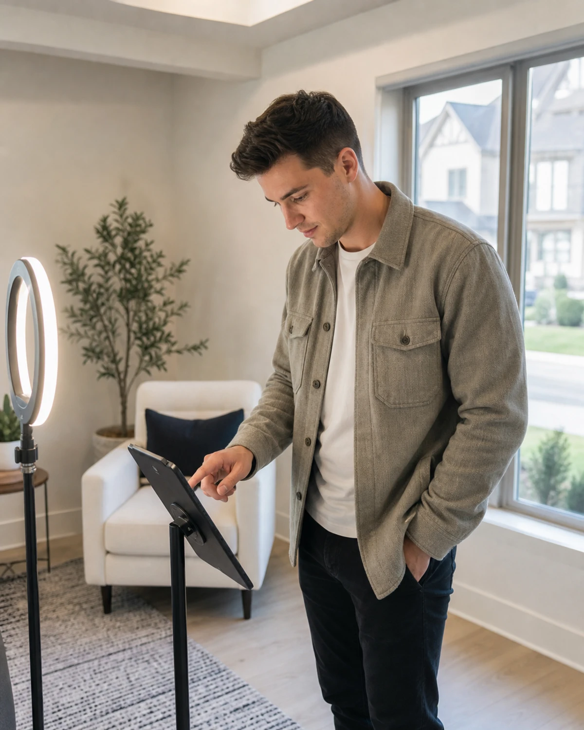 A single open-house visitor leaning in to tap the angled screen of an open-air tablet photo booth in a staged room, entering contact details before receiving a photo.