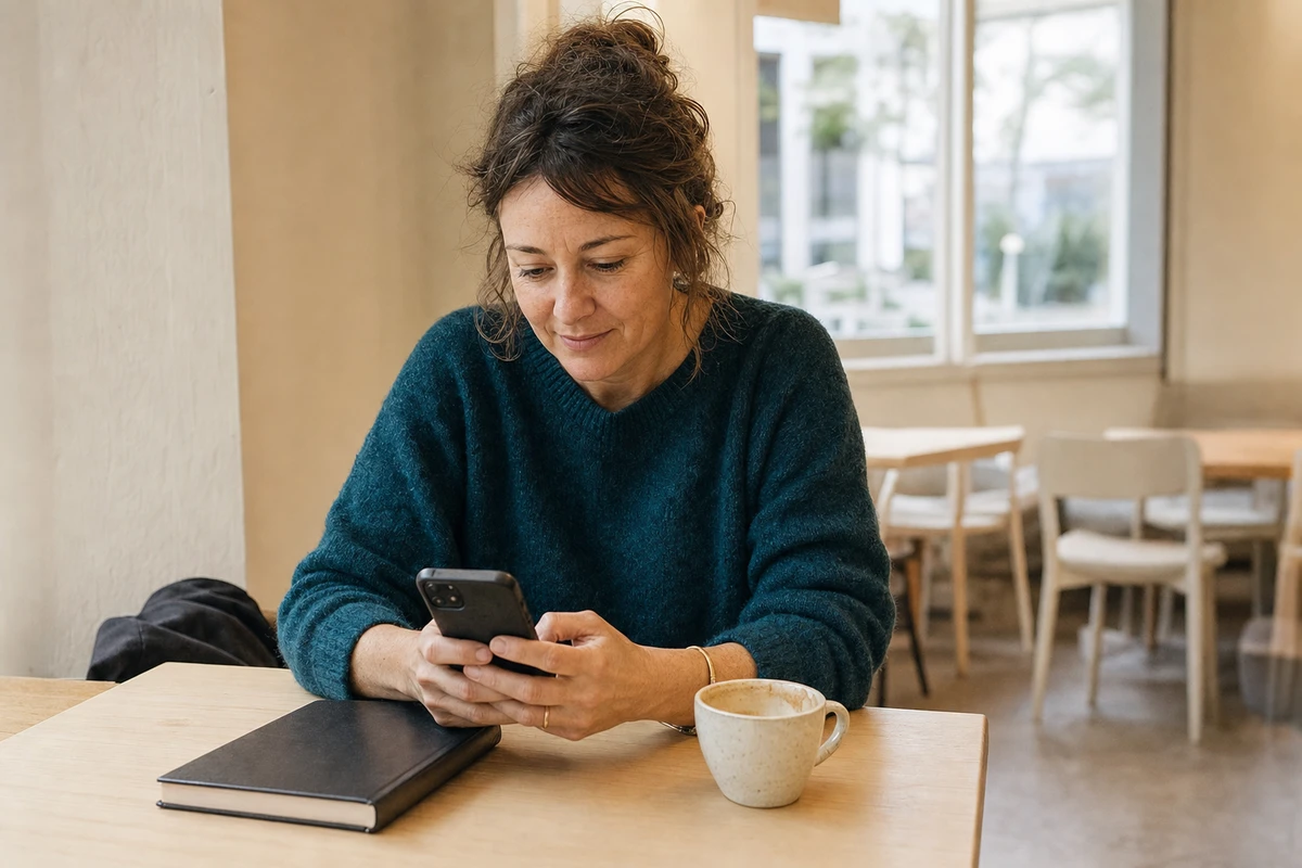 A coffee shop owner sits at a quiet corner table reviewing customer posts on her phone, deciding which regular to reshare and credit.