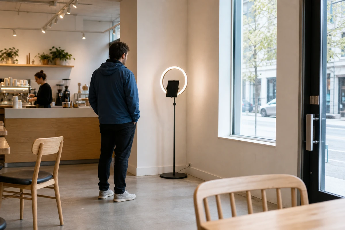 A self-running iPad photo booth on a ring-light stand placed in a clear corner of a coffee shop between the window and the exit.