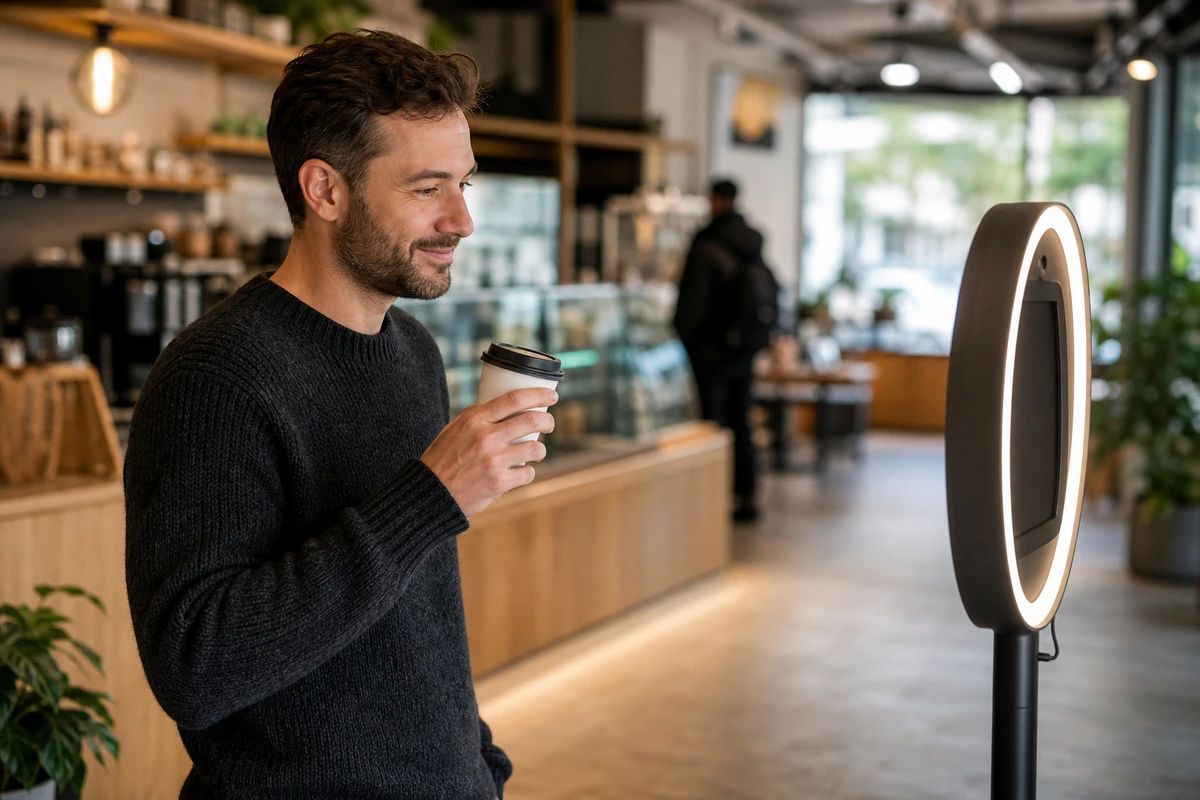 A coffee shop regular pauses at a branded photo booth near the exit, captured from the side mid-photo with a relaxed half-smile.