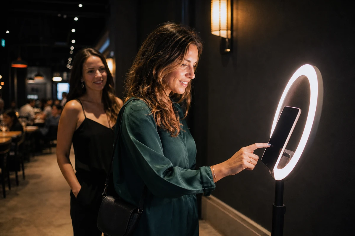A woman reaches toward a photo booth tablet in a restaurant lounge, willingly taking part in the in-venue photo moment.