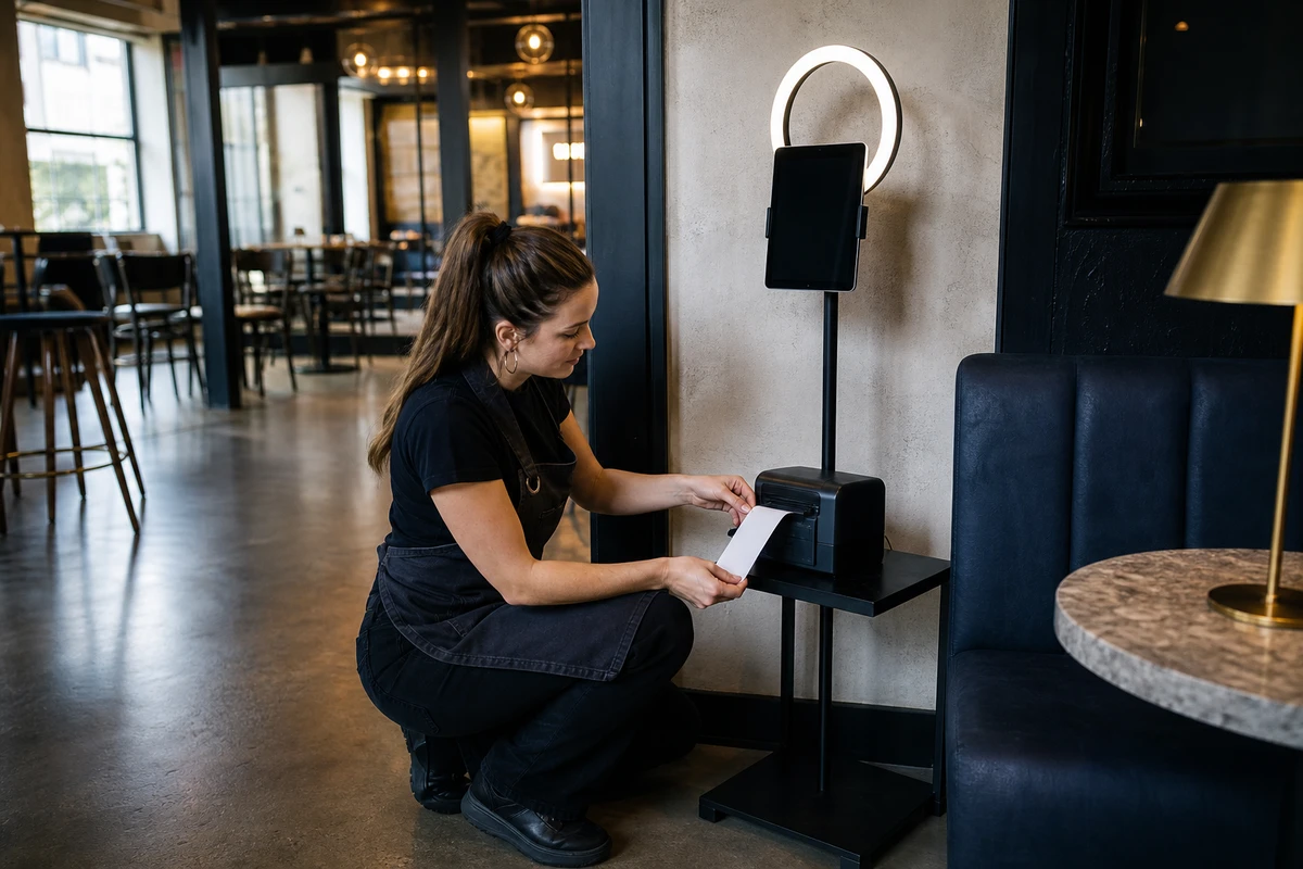 A venue operator crouches beside a restaurant photo booth, loading blank photo paper into its printer before service.