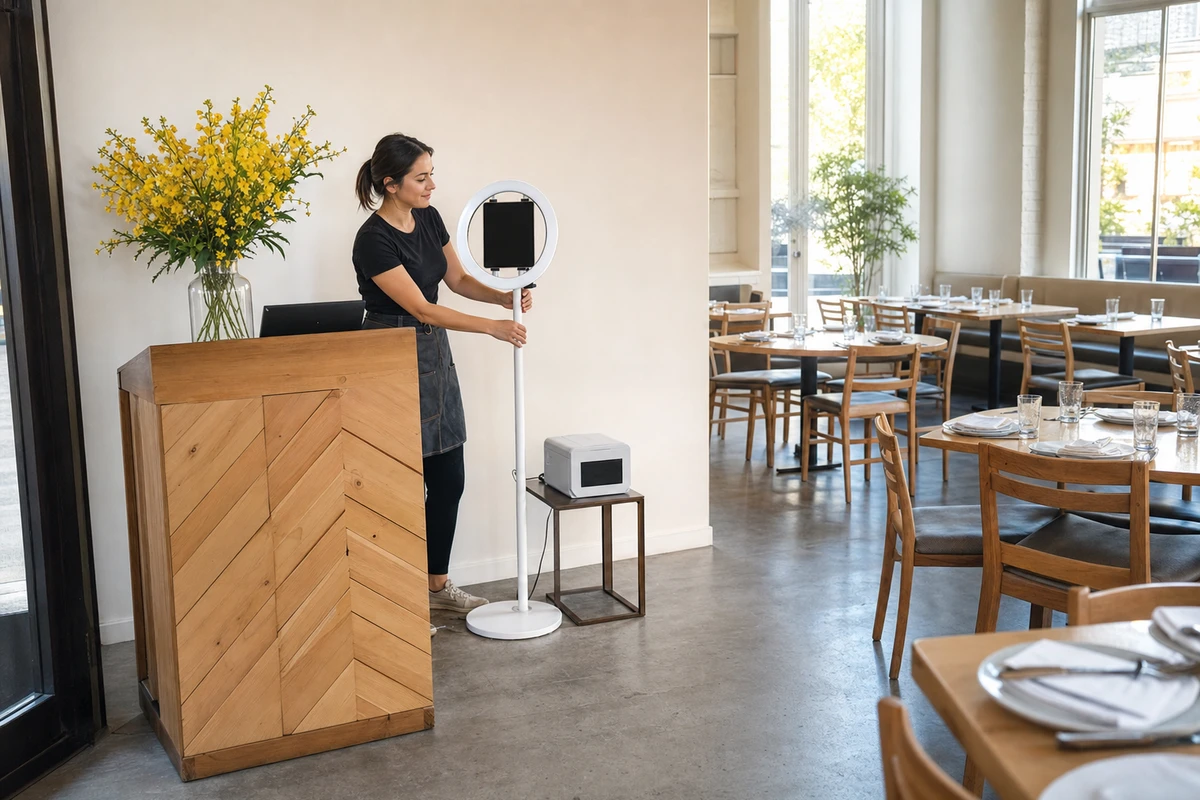 A compact photo booth stands against a blank wall beside the host stand just inside the entrance of a bright restaurant, with clear open floor space around it.