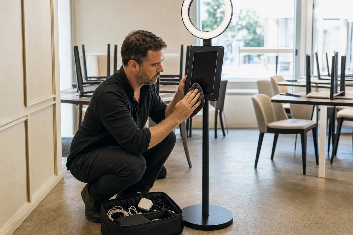 A venue manager crouching beside a photo booth before service, wiping the tablet and steadying the ring-light stand